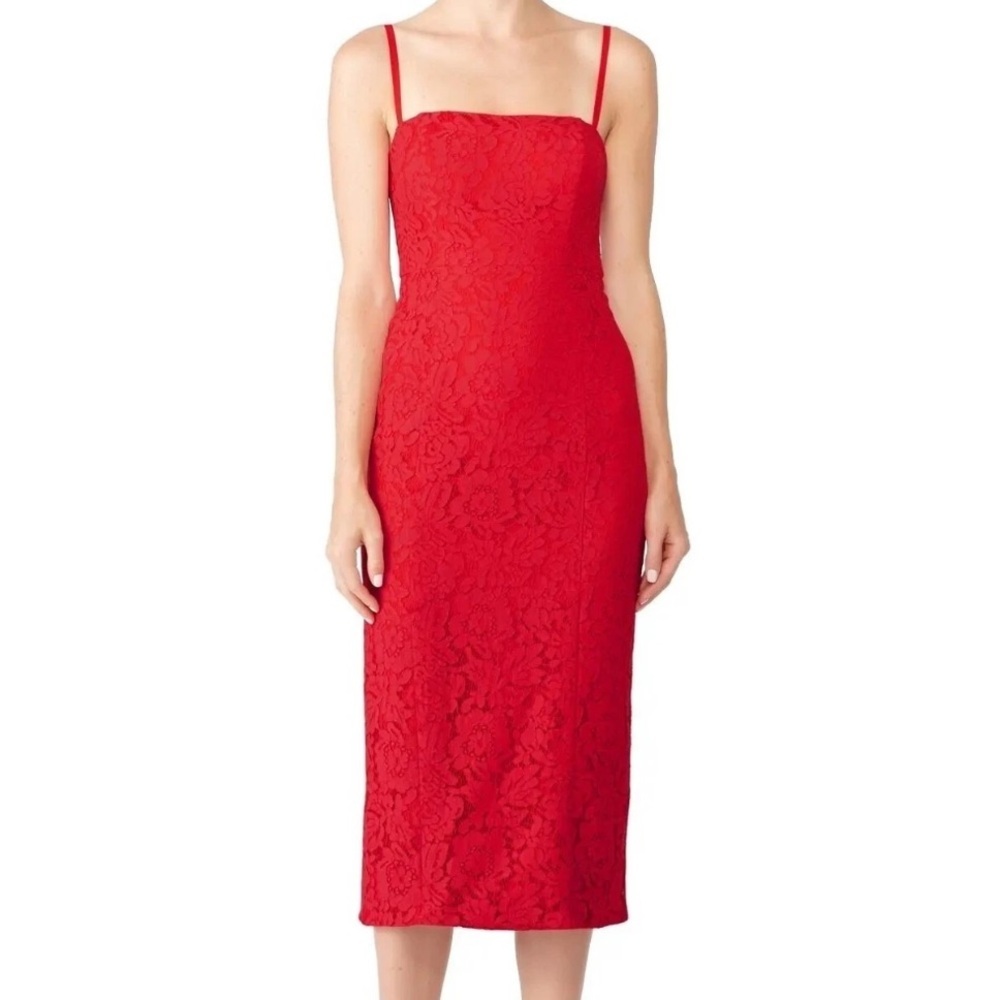 Fame and Partners The Max Midi Dress in Red Lace Sheath Chic Cocktail Size 8 Med